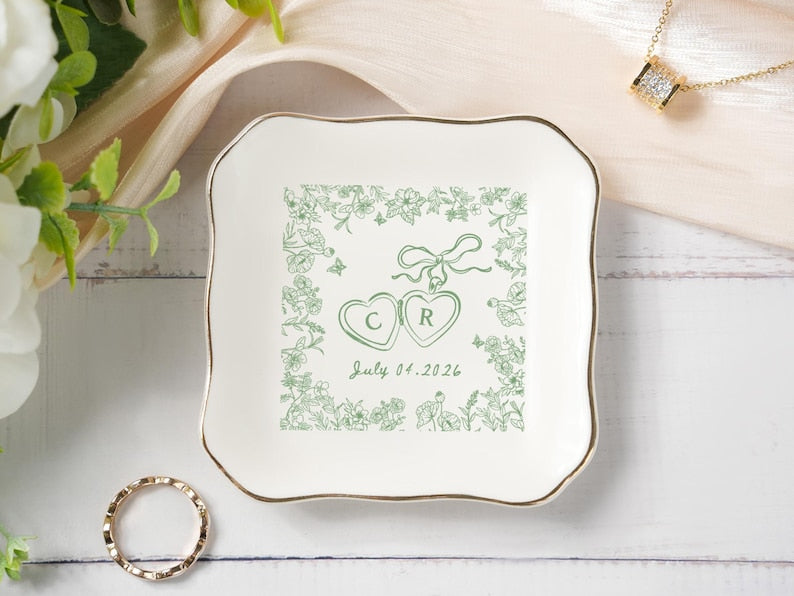 Personalized Locked Ring Dish, Engagement Ring Dish, Wedding Gift for Couple, Toile De Jouy Ring Dish, Gift for Her, Handmade Ring Holder