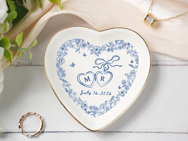 Personalized Locked Ring Dish, Engagement Ring Dish, Wedding Gift for Couple, Toile De Jouy Ring Dish, Gift for Her, Handmade Ring Holder