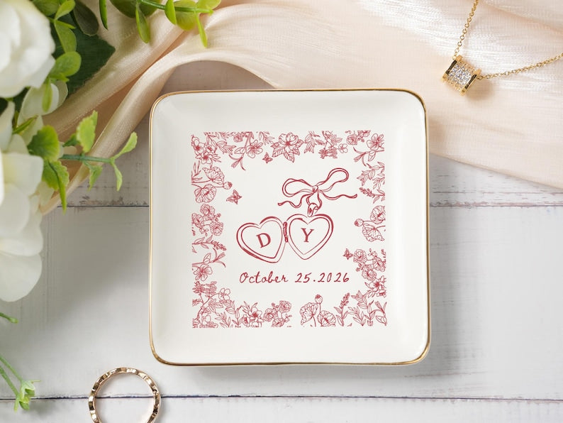Personalized Locked Ring Dish, Engagement Ring Dish, Wedding Gift for Couple, Toile De Jouy Ring Dish, Gift for Her, Handmade Ring Holder