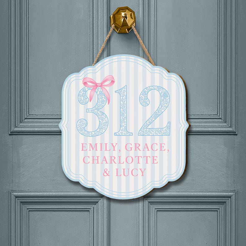 Custom Dorm Room Door Sign Personalized Chinoiserie Room Number Plaque Blue and Pink Roommate Name Sign College Decor