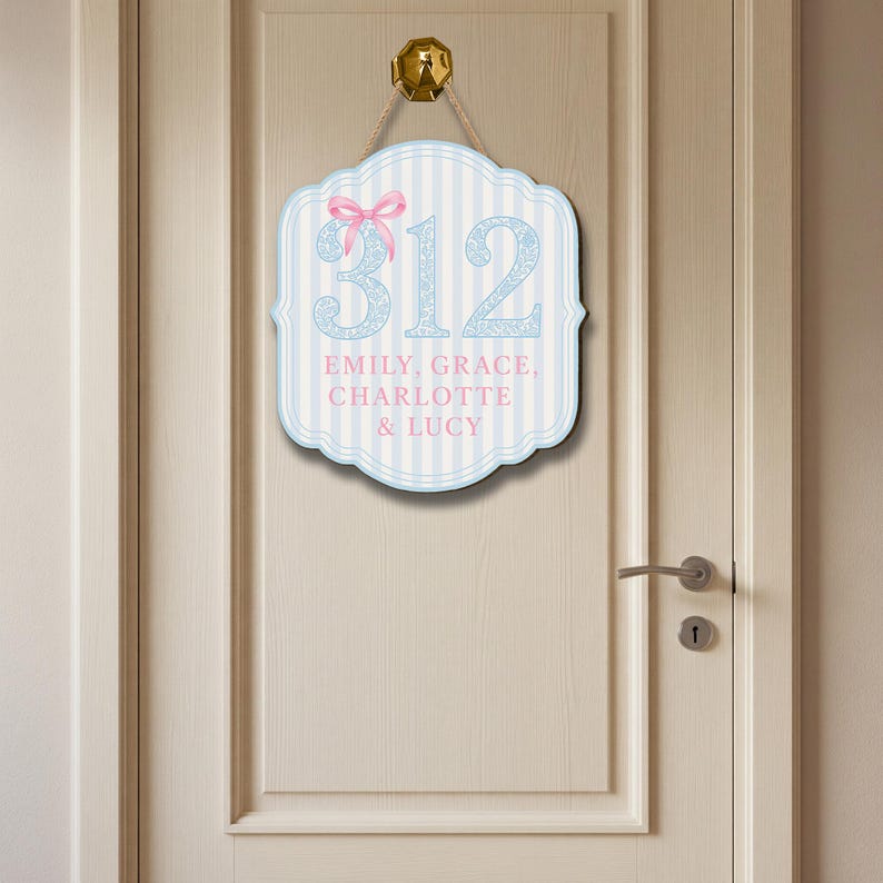 Custom Dorm Room Door Sign Personalized Chinoiserie Room Number Plaque Blue and Pink Roommate Name Sign College Decor