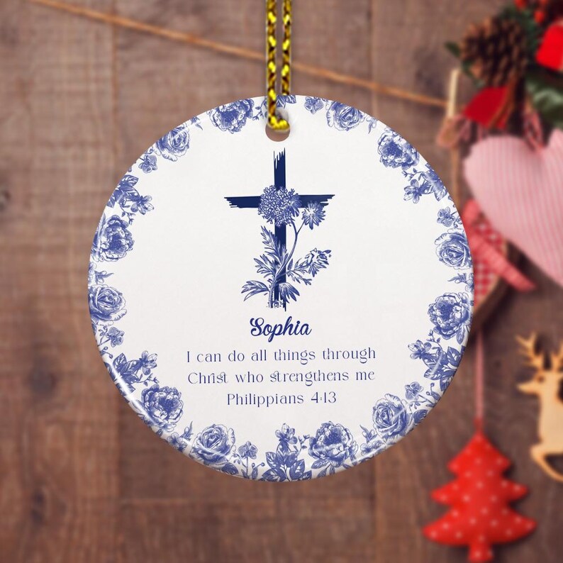 Personalized Christian Ornament with Bible Verse, Custom Scripture Gift, Toile de Jouy Religious Christmas Decoration