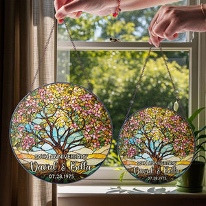 Personalized Tree of Life Anniversary Suncatcher With Name & Date, Custom 50th Wedding Anniversary Stained Glass Gift For Parents