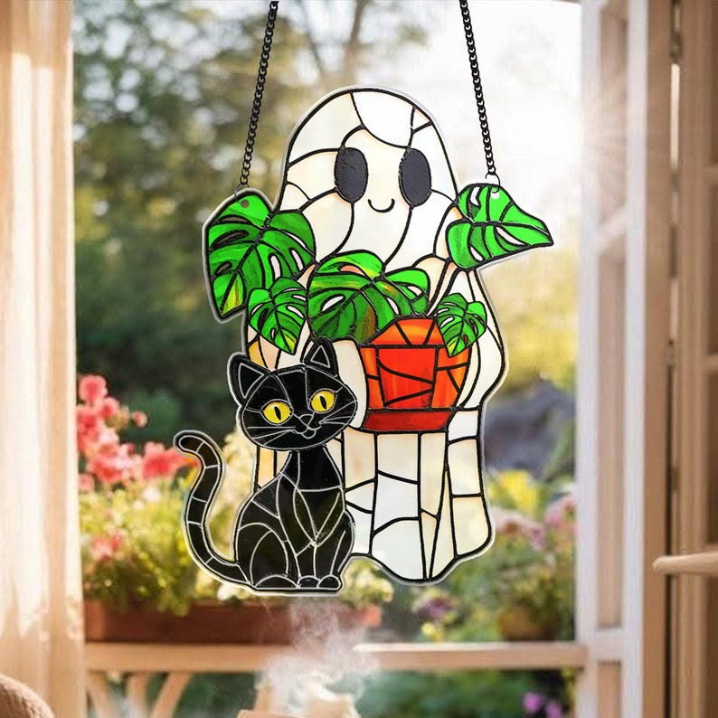 Cute Ghost Monstera Acrylic Suncatcher,Halloween Ghost Suncatcher,Cute Ghost Plant Tree And Cat Suncatcher,Halloween Ghost Window Hanging