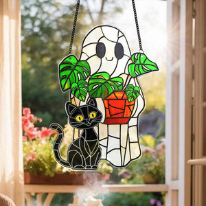 Cute Ghost Monstera Acrylic Suncatcher,Halloween Ghost Suncatcher,Cute Ghost Plant Tree And Cat Suncatcher,Halloween Ghost Window Hanging