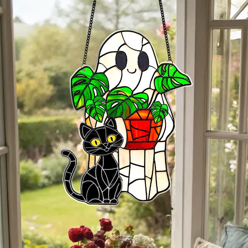 Cute Ghost Monstera Acrylic Suncatcher,Halloween Ghost Suncatcher,Cute Ghost Plant Tree And Cat Suncatcher,Halloween Ghost Window Hanging