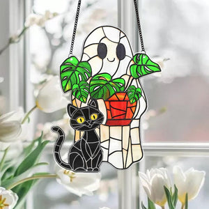 Cute Ghost Monstera Acrylic Suncatcher,Halloween Ghost Suncatcher,Cute Ghost Plant Tree And Cat Suncatcher,Halloween Ghost Window Hanging