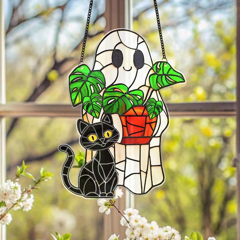 Cute Ghost Monstera Acrylic Suncatcher,Halloween Ghost Suncatcher,Cute Ghost Plant Tree And Cat Suncatcher,Halloween Ghost Window Hanging