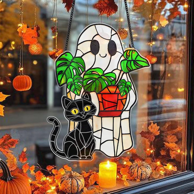 Cute Ghost Monstera Acrylic Suncatcher,Halloween Ghost Suncatcher,Cute Ghost Plant Tree And Cat Suncatcher,Halloween Ghost Window Hanging