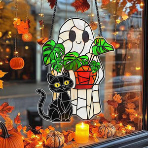 Cute Ghost Monstera Acrylic Suncatcher,Halloween Ghost Suncatcher,Cute Ghost Plant Tree And Cat Suncatcher,Halloween Ghost Window Hanging