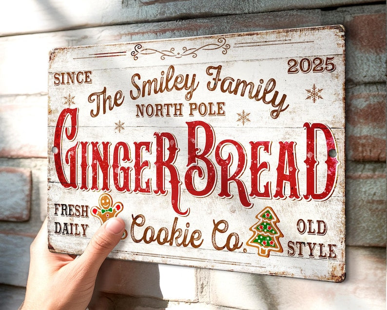 Personalized Gingerbread Baking Co Sign, Custom Christmas Sign, Bakery Wall Decor, The Family Name Farmhouse Metal Sign Decor