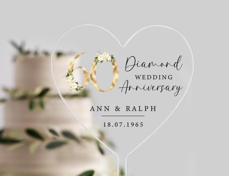 Diamond Wedding Personalised Heart Shaped Cake Topper | Diamond Wedding Cake Topper | Diamond Wedding Anniversary|Diamond Wedding Decoration