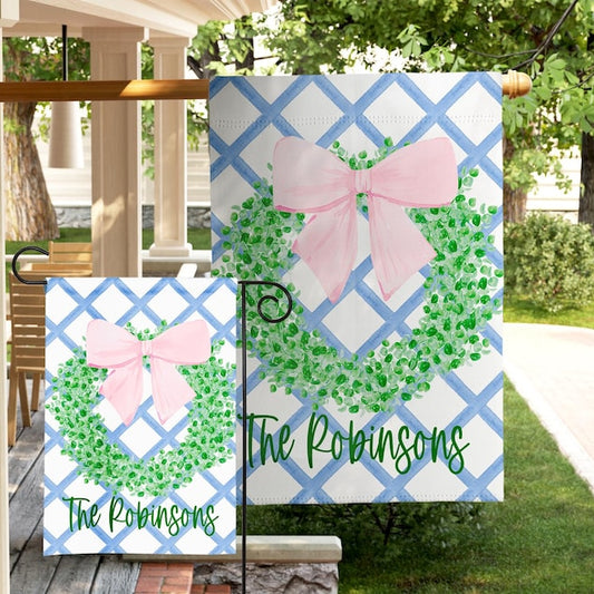 Personalized Garden Flag Preppy Bow Wreath Coquette Last Name Sign Yard Art Grand Millennial Custom Decor Porch Flag Plaid Patio
