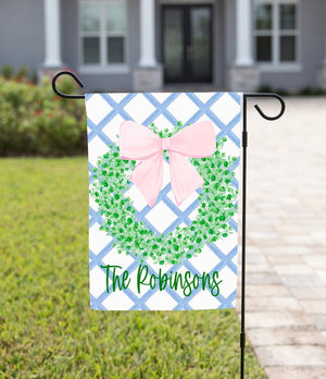 Personalized Garden Flag Preppy Bow Wreath Coquette Last Name Sign Yard Art Grand Millennial Custom Decor Porch Flag Plaid Patio
