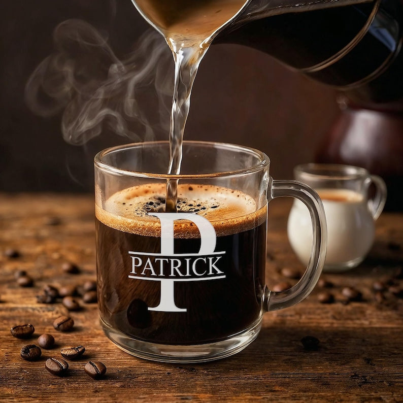 Custom Glass Coffee Mug, Personalized Name or Initial Cup, Engraved Latte Mug, Bridesmaid Gift, Birthday or Mother Gift, Christmas Gift
