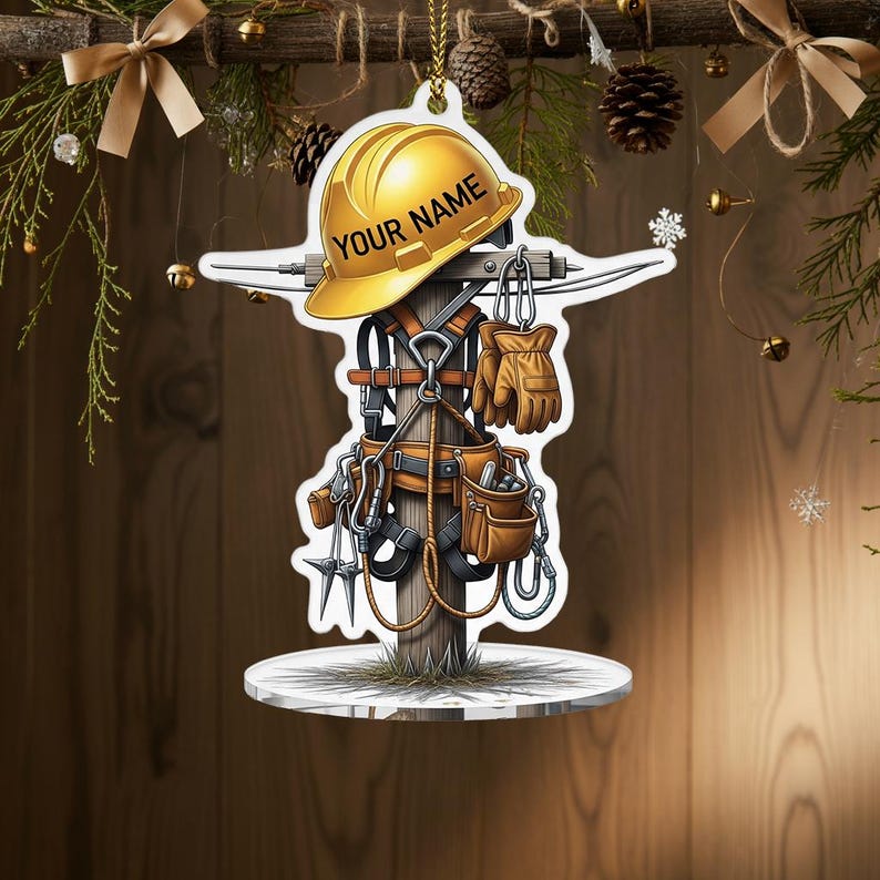 Personalized Lineman Christmas Ornament 2025, Utility Pole Tree Decor with Hard Hat, Custom Name Gift for Lineman Dad Coworker, Gift For Dad, 2D Flat Ornament