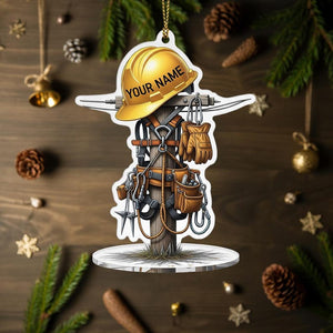 Personalized Lineman Christmas Ornament 2025, Utility Pole Tree Decor with Hard Hat, Custom Name Gift for Lineman Dad Coworker, Gift For Dad, 2D Flat Ornament