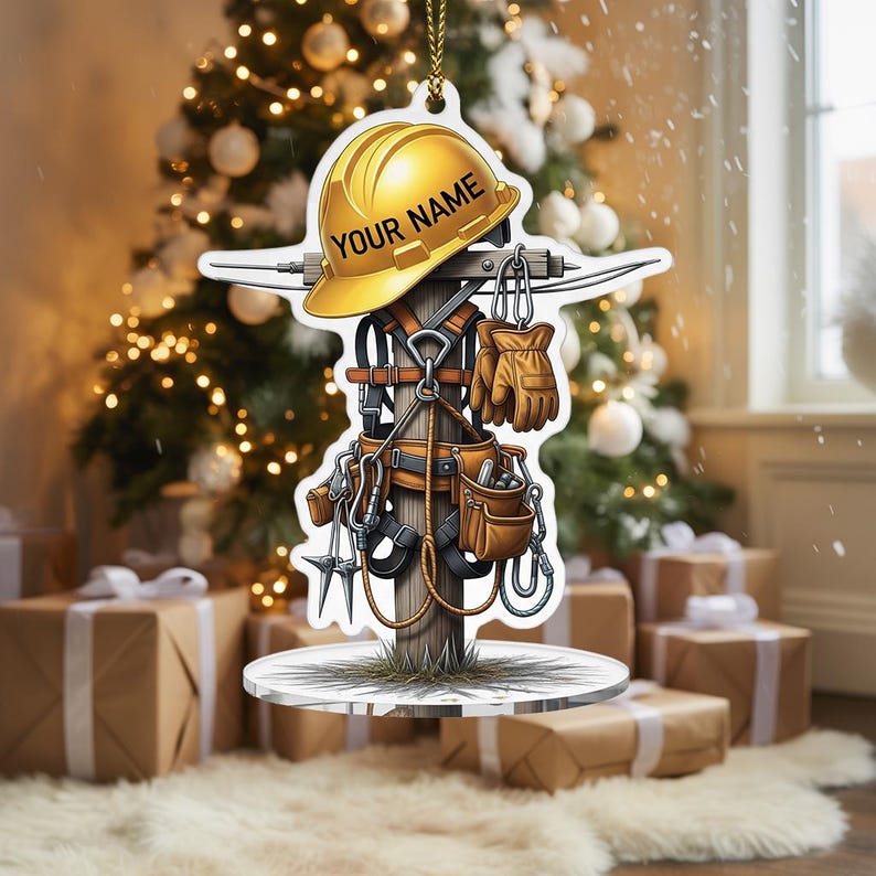 Personalized Lineman Christmas Ornament 2025, Utility Pole Tree Decor with Hard Hat, Custom Name Gift for Lineman Dad Coworker, Gift For Dad, 2D Flat Ornament