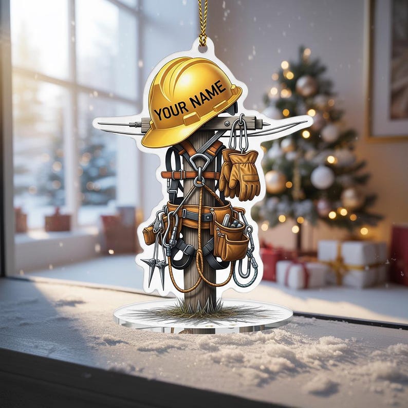Personalized Lineman Christmas Ornament 2025, Utility Pole Tree Decor with Hard Hat, Custom Name Gift for Lineman Dad Coworker, Gift For Dad, 2D Flat Ornament