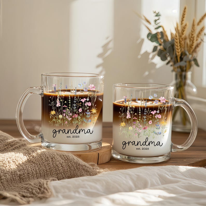 New Grandma Mug Personalized,First Time Grandmother Gift,Flower Glass Nanna Coffee Cup,Custom 1st Time Grandma Gift,Pregnancy Announcement