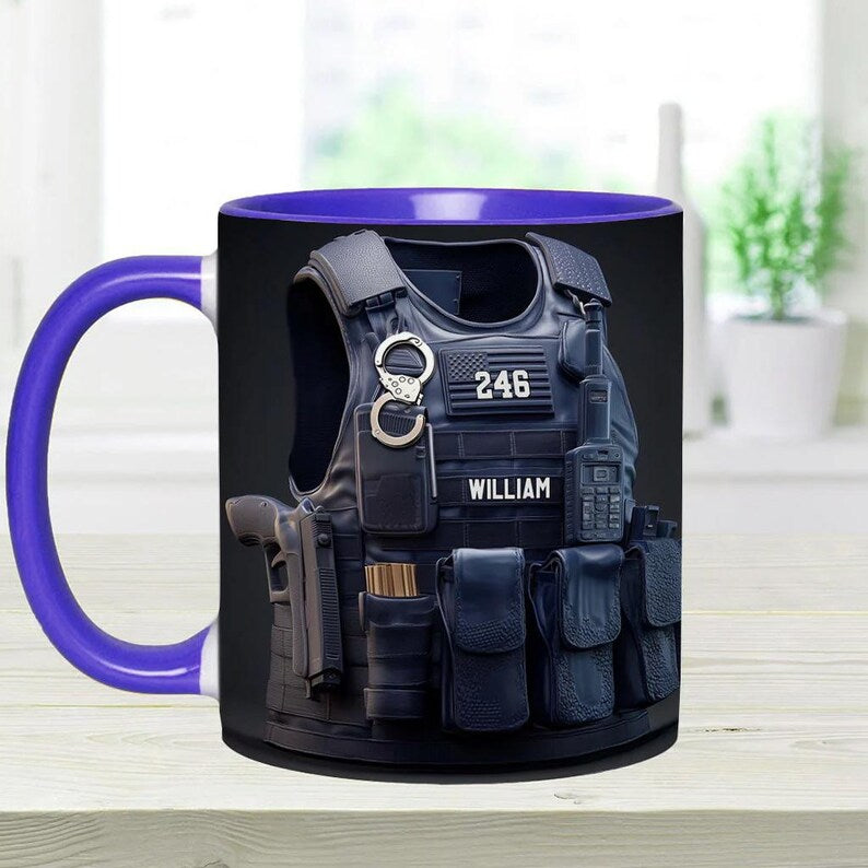 Police Bulletproof Vest - Personalized Police Officer Accent Mug, Police Officer Uniform Cup, Policement Two Tone Coffee Mug, Gift for Him