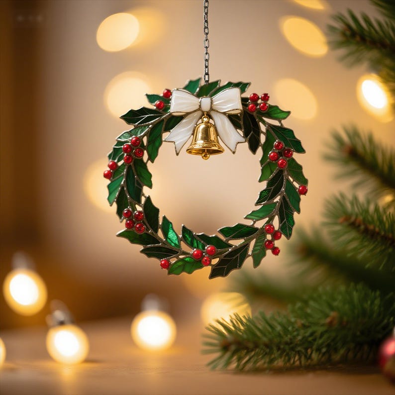 Christmas Stained Glass Holly Wreath Ornament Festive Holiday Window & Wall D cor (4 Styles Available),Perfect for Holiday Decor