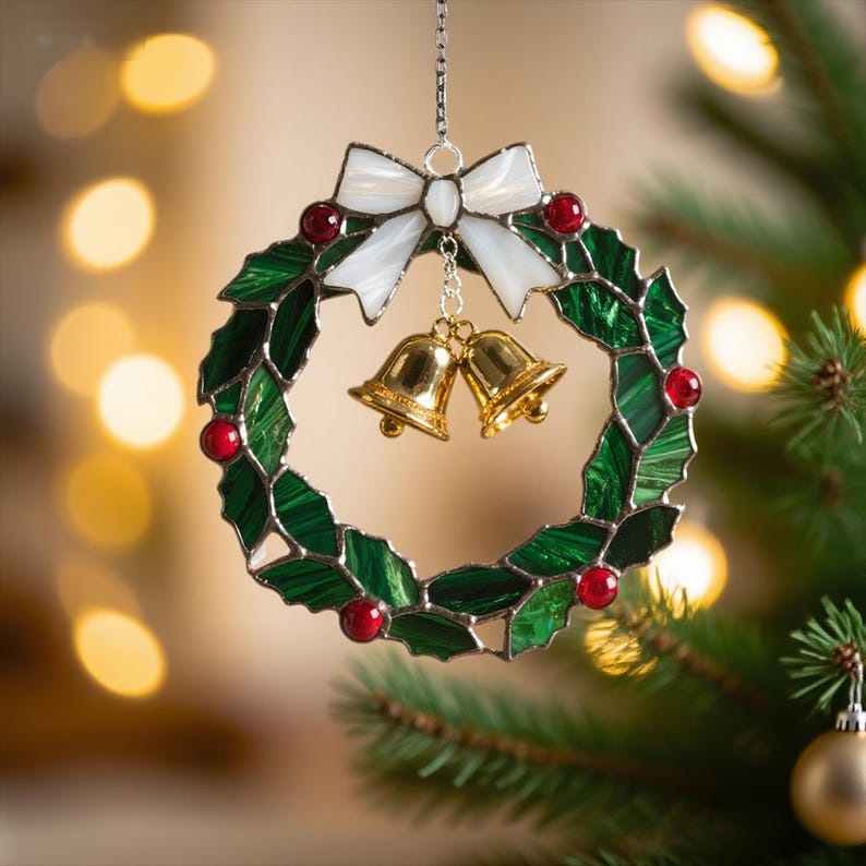 Christmas Stained Glass Holly Wreath Ornament Festive Holiday Window & Wall D cor (4 Styles Available),Perfect for Holiday Decor