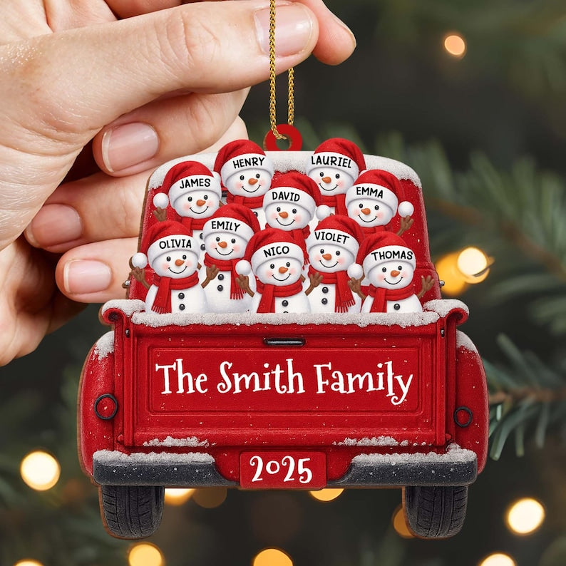 Custom Snowman Family Christmas Ornament, Red Truck Flat Ornament, Personalized Name Holiday Decor, 2D Christmas Keepsake