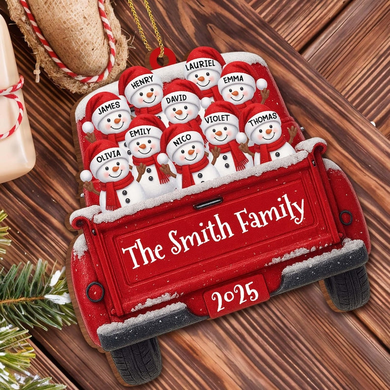 Custom Snowman Family Christmas Ornament, Red Truck Flat Ornament, Personalized Name Holiday Decor, 2D Christmas Keepsake