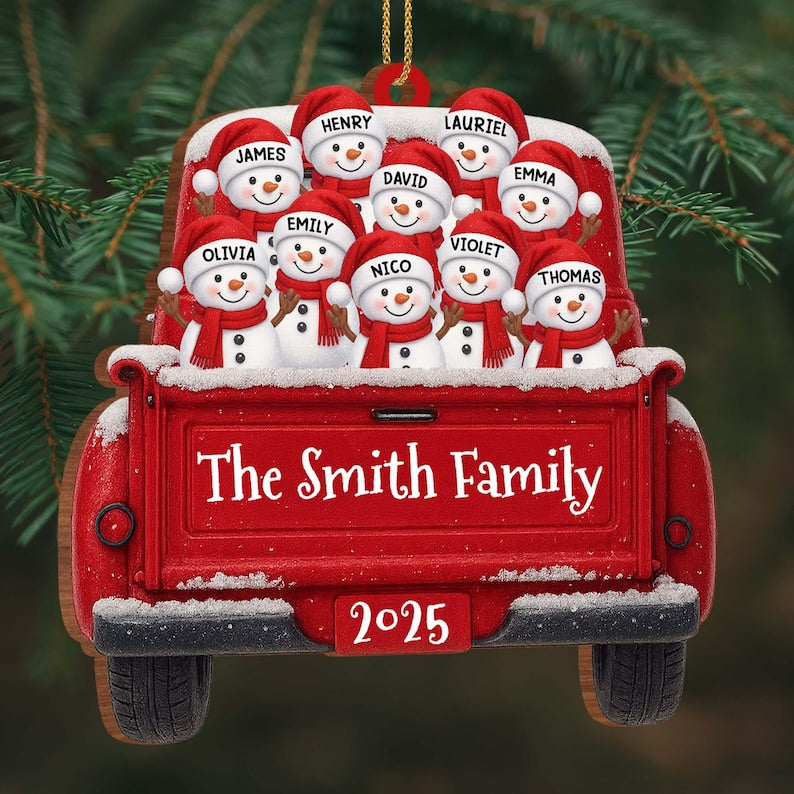 Custom Snowman Family Christmas Ornament, Red Truck Flat Ornament, Personalized Name Holiday Decor, 2D Christmas Keepsake