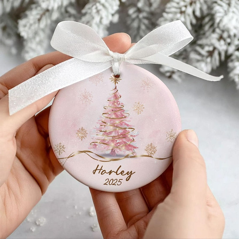 Personalized Pink Christmas Tree Ceramic Ornament Custom 2025 Holiday Keepsake with Name, Elegant Winter Decor for Girls & Families