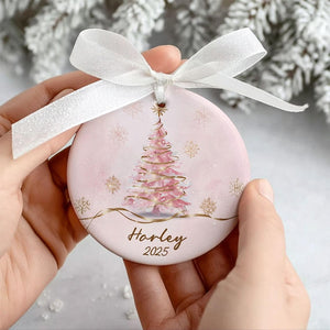 Personalized Pink Christmas Tree Ceramic Ornament Custom 2025 Holiday Keepsake with Name, Elegant Winter Decor for Girls & Families