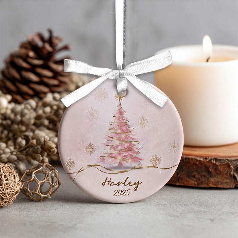Personalized Pink Christmas Tree Ceramic Ornament Custom 2025 Holiday Keepsake with Name, Elegant Winter Decor for Girls & Families