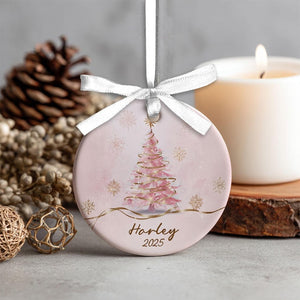 Personalized Pink Christmas Tree Ceramic Ornament Custom 2025 Holiday Keepsake with Name, Elegant Winter Decor for Girls & Families