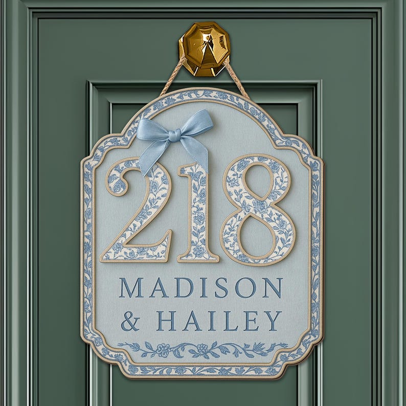 Personalized Chinoiserie Dorm Wooden Door Sign | Blue Floral Room Number Plaque | Custom Name Door Hanger | Elegant College Dorm Decor
