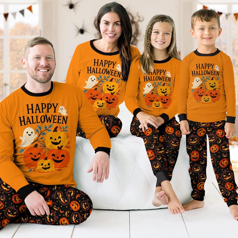 Happy Halloween Pajamas Set Kids Halloween PJs, Family Halloween Set, Spooky Nightwear, Glow Dark PJs, Halloween Pumpkin Outfit