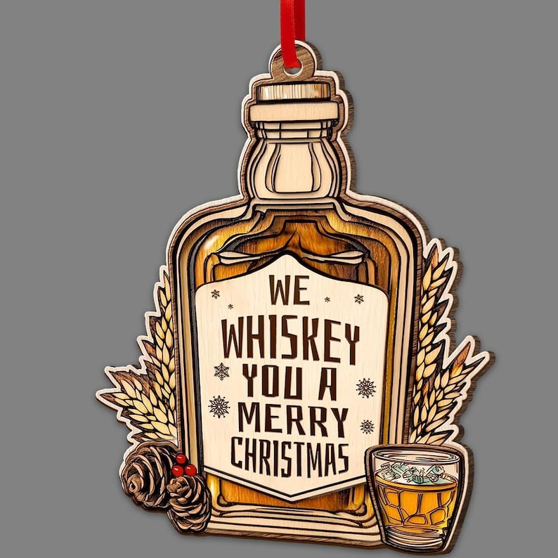 Wooden Whiskey Bottle Ornament - 2 Layer Wooden Christmas Tree Decor - Irish Whiskey Lover Gift