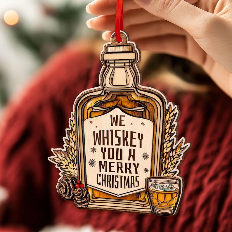 Wooden Whiskey Bottle Ornament - 2 Layer Wooden Christmas Tree Decor - Irish Whiskey Lover Gift
