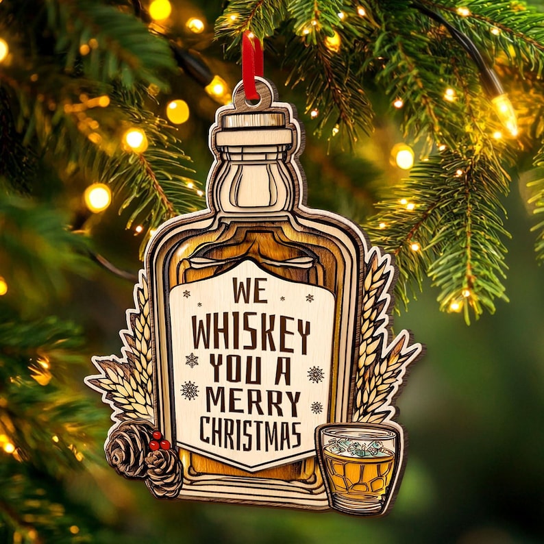 Wooden Whiskey Bottle Ornament - 2 Layer Wooden Christmas Tree Decor - Irish Whiskey Lover Gift