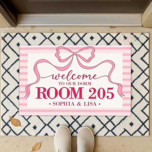 Custom Name and Number Dorm Doormat, Girly Pink Bow Dorm Decor, Welcome To Our Dorm, College Girls Dorm Decor, Roomate Sign
