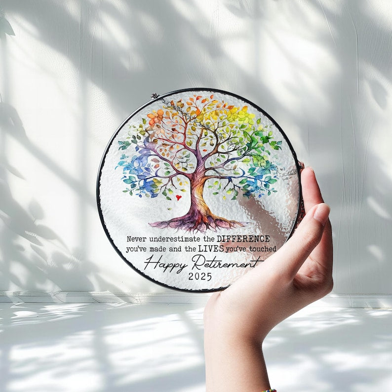 Personalized Retirement Gift: Tree of Life Stained Glass Suncatcher, Colleague Retirement Keepsake, Retired Coworker Christmas