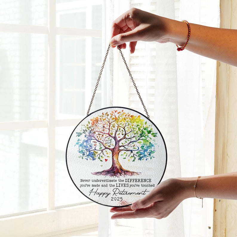 Personalized Retirement Gift: Tree of Life Stained Glass Suncatcher, Colleague Retirement Keepsake, Retired Coworker Christmas