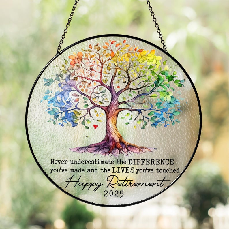 Personalized Retirement Gift 2025 Tree of Life Stained Glass Suncatcher Farewell Gift for Teacher, Nurse, Coworker, Retirement Keepsake