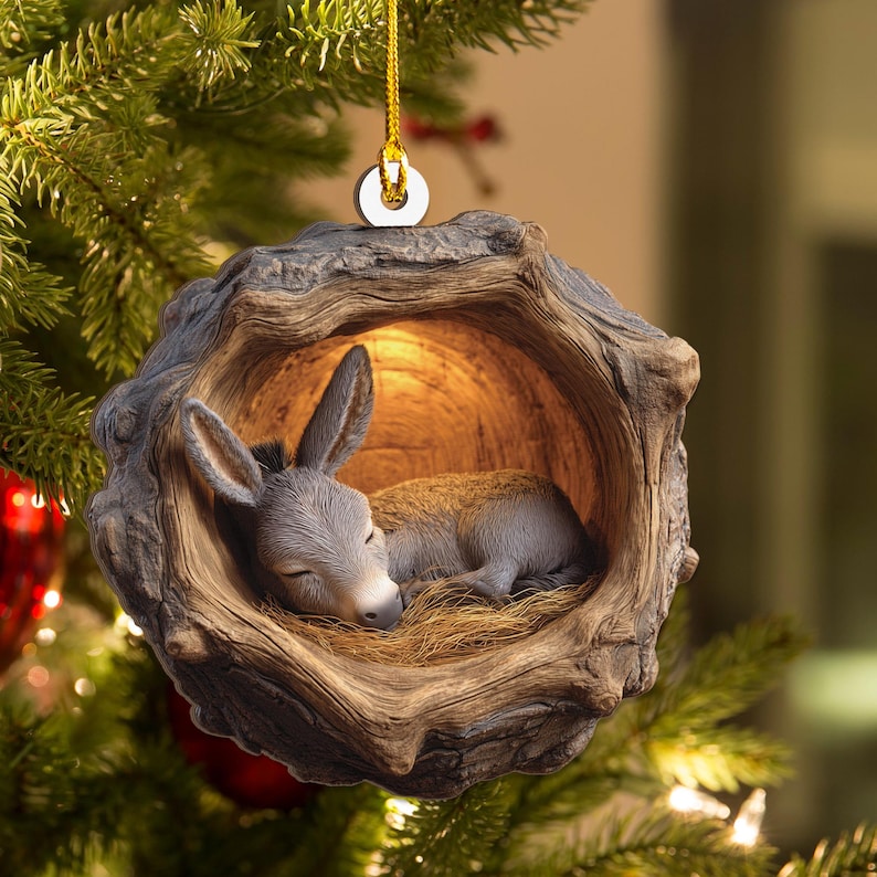 Sleeping Donkey Christmas 2D Flat Wood Ornament Peaceful Animal Ash Plywood Cutout | Cute Holiday Tree Decor Gift for Donkey Lovers