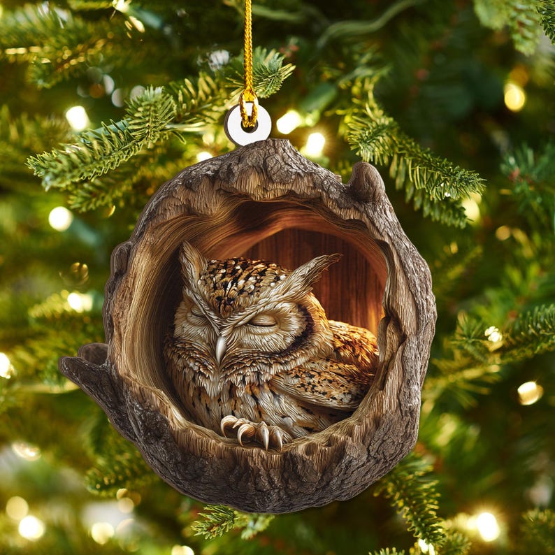 Sleeping Owl Christmas 2D Flat Wood Ornament Peaceful Woodland Bird Ash Plywood Decor | Cute Holiday Tree Gift for Owl & Nature Lovers