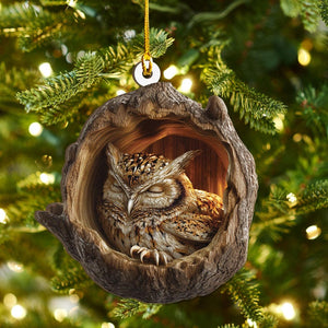 Sleeping Owl Christmas 2D Flat Wood Ornament Peaceful Woodland Bird Ash Plywood Decor | Cute Holiday Tree Gift for Owl & Nature Lovers