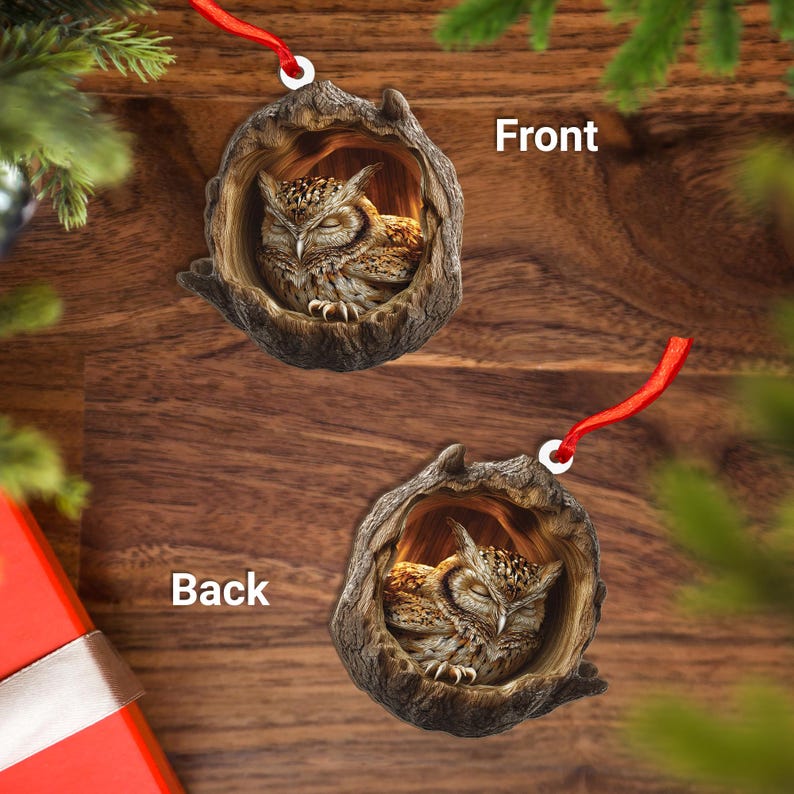 Sleeping Owl Christmas 2D Flat Wood Ornament Peaceful Woodland Bird Ash Plywood Decor | Cute Holiday Tree Gift for Owl & Nature Lovers