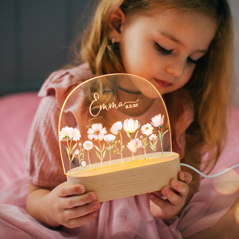 Custom Night Light for Baby Girl, Toddler Bedside Night Light, Custom Name Lamp, Floral Night Light for Nursery Decor, New Baby Gift