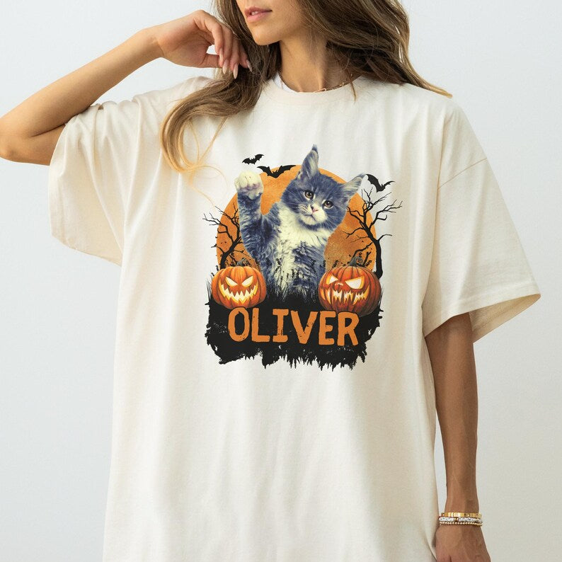 Custom Halloween Cat Shirt, Witchy Cat Shirt, Spooky Season, Personalized Cat Shirt, Custom Pet Photo Shirt, Cat Lovers Gift
