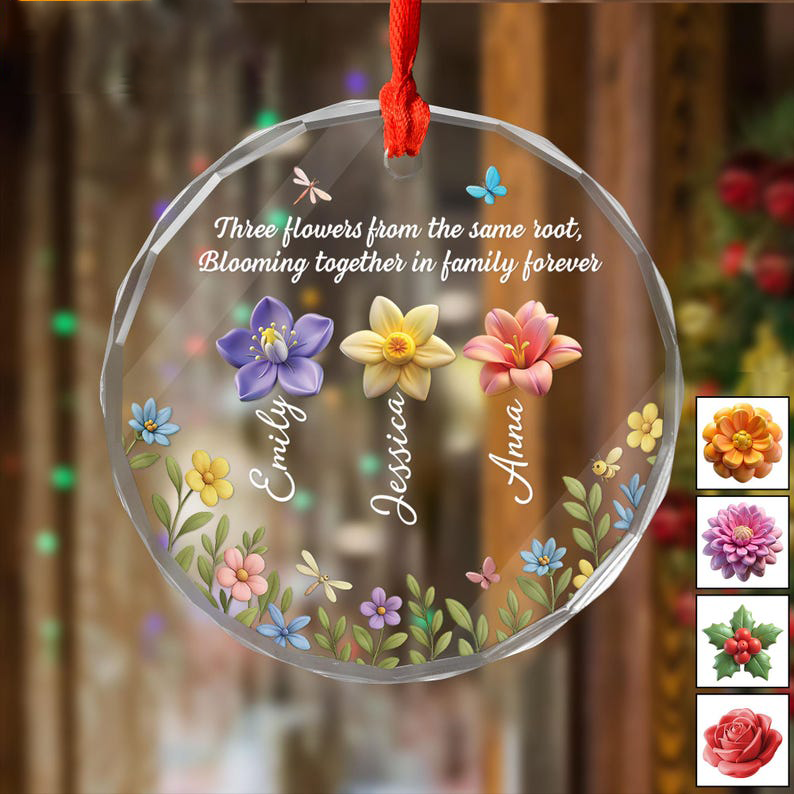 Personalized Family Flower Glass Ornament with Names, Custom Crystal Ornament, Sisters Forever Gift, Family Keepsake Christmas Decoration